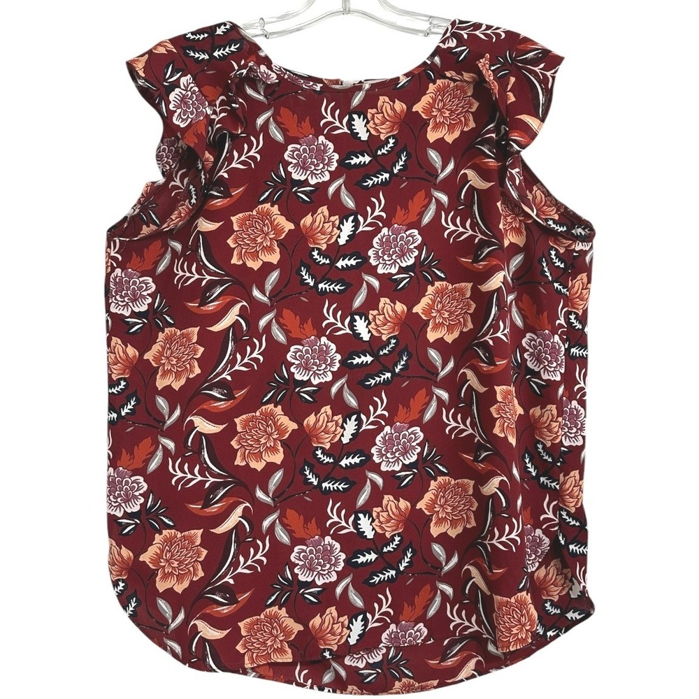 Loft Outlet Flutter Sleeve Blouse Womens Burgundy Floral Casual Romantic‎ Chic M